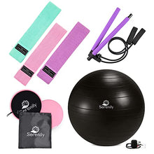 Load image into Gallery viewer, Serenily Yoga and Pilates Exercise Set - 6 Pc Workout Kit for Home & Gym. Fitness Equipment to Tone, Sculpt & Stretch. Pilates Bar, 3 Resistance Booty Bands, Core Sliders Pair, Yoga Ball, Pump & Guide