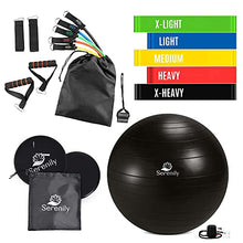Load image into Gallery viewer, Serenily Resistance Bands Workout Set - Exercise Equipment Kit for Home Gym. Includes 11 Pc Stackable Resistance Bands Set, 5 Loop Bands, Yoga Ball with Pump, 2 Core Sliders, Instructions & Carry Bag