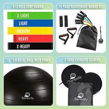 Load image into Gallery viewer, Serenily Resistance Bands Workout Set - Exercise Equipment Kit for Home Gym. Includes 11 Pc Stackable Resistance Bands Set, 5 Loop Bands, Yoga Ball with Pump, 2 Core Sliders, Instructions & Carry Bag