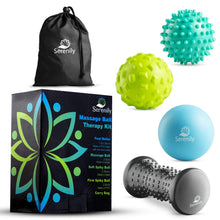 Load image into Gallery viewer, Serenily Foot Massage Roller and Massage Balls Set. Hot & Cold Foot Massager for Muscle Soreness Relief. Spiky Massage Ball for Sore Muscles and Myofacial Release. Best Foot Massager - 4 Pc Set