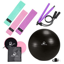 Load image into Gallery viewer, Serenily Yoga and Pilates Exercise Set - 6 Pc Workout Kit for Home &amp; Gym. Fitness Equipment to Tone, Sculpt &amp; Stretch. Pilates Bar, 3 Resistance Booty Bands, Core Sliders Pair, Yoga Ball, Pump &amp; Guide