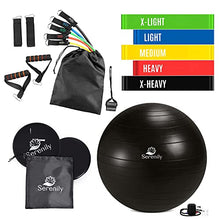 Load image into Gallery viewer, Serenily Resistance Bands Workout Set - Exercise Equipment Kit for Home Gym. Includes 11 Pc Stackable Resistance Bands Set, 5 Loop Bands, Yoga Ball with Pump, 2 Core Sliders, Instructions &amp; Carry Bag