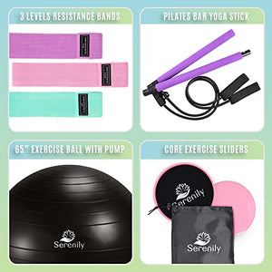 Serenily Yoga and Pilates Exercise Set - 6 Pc Workout Kit for Home & Gym. Fitness Equipment to Tone, Sculpt & Stretch. Pilates Bar, 3 Resistance Booty Bands, Core Sliders Pair, Yoga Ball, Pump & Guide