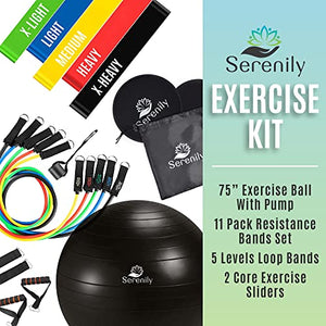 Serenily Resistance Bands Workout Set - Exercise Equipment Kit for Home Gym. Includes 11 Pc Stackable Resistance Bands Set, 5 Loop Bands, Yoga Ball with Pump, 2 Core Sliders, Instructions & Carry Bag