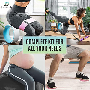 Serenily Yoga and Pilates Exercise Set - 6 Pc Workout Kit for Home & Gym. Fitness Equipment to Tone, Sculpt & Stretch. Pilates Bar, 3 Resistance Booty Bands, Core Sliders Pair, Yoga Ball, Pump & Guide