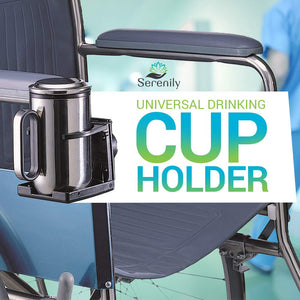 Serenily Universal Drinking Cup Holder - Portable Tumbler Beverage Bracket - No Spill with Secured Angled for Strollers Walkers Bicycles & Wheelchairs