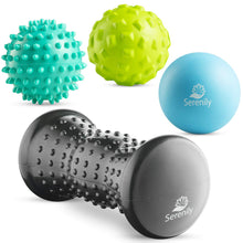 Load image into Gallery viewer, Serenily Foot Massage Roller and Massage Balls Set. Hot &amp; Cold Foot Massager for Muscle Soreness Relief. Spiky Massage Ball for Sore Muscles and Myofacial Release. Best Foot Massager - 4 Pc Set