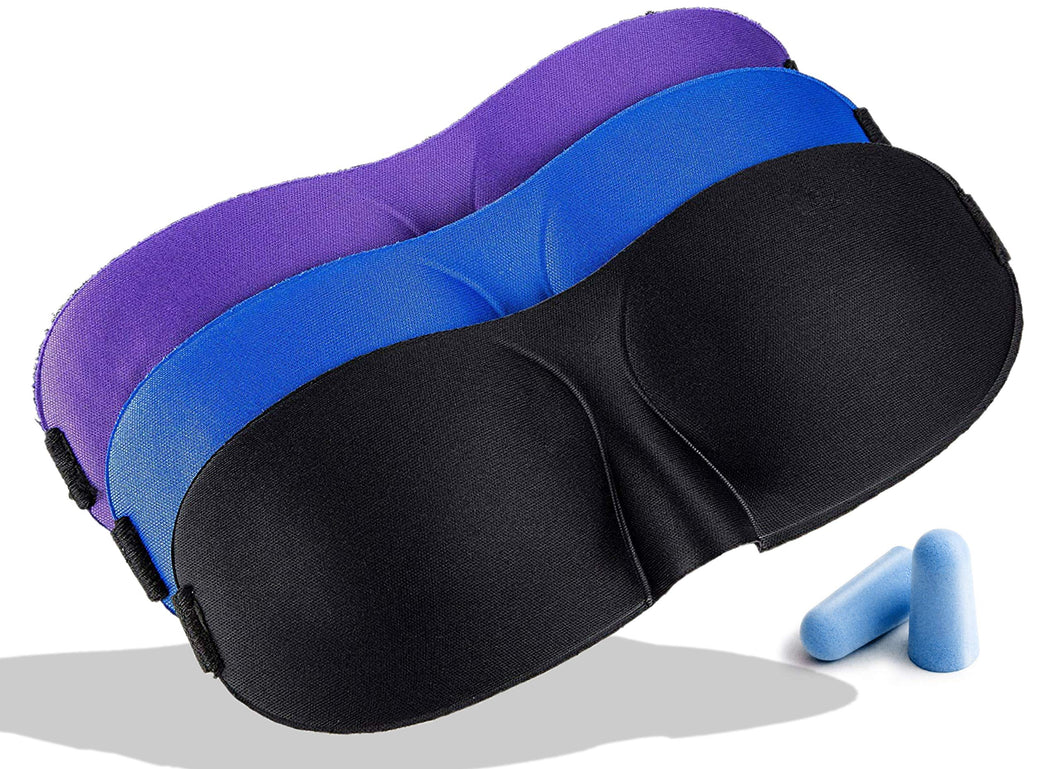 Serenily Super Smooth Sleep Mask, 3 Pack Lightweight Sleeping Mask, 3D Contoured Shape Blindfold Mask, Face Mask for Travel, Eye Mask for Sleeping with Adjustable Strap, Includes a Pair of Earplugs
