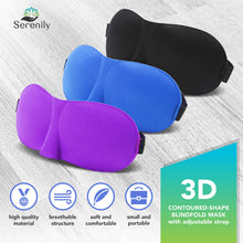 Load image into Gallery viewer, Serenily Super Smooth Sleep Mask, 3 Pack Lightweight Sleeping Mask, 3D Contoured Shape Blindfold Mask, Face Mask for Travel, Eye Mask for Sleeping with Adjustable Strap, Includes a Pair of Earplugs