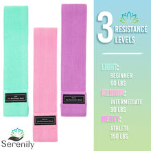 Load image into Gallery viewer, Serenily Resistant Bands for Women - Exercise Bands for Working Out. Booty Bands for Women &amp; Men. Fabric Resistance Band Non Slip Loop Bands for Exercise for Legs and Butt. Thick Workout Bands - 3Pack