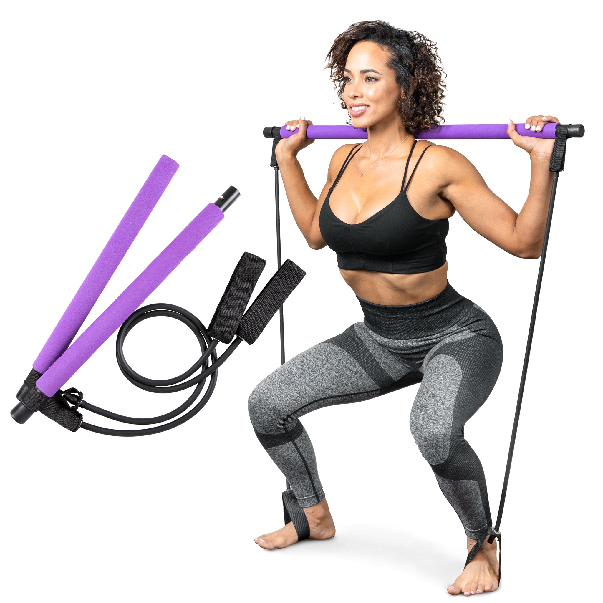 Portable Yoga Pilates Bar With Pilates Stretch Band, 2 Foot Loops