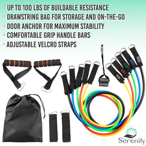 Serenily 11PC Resistance Bands Set - Exercise Bands for Resistance Training with Carry Bag. Resistance Bands Door Anchor System - Portable Home Gym Accessories - Fitness Bands for Legs for Women & Men